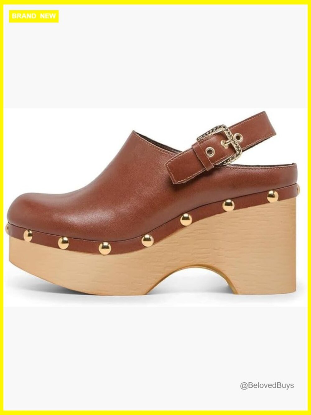 Brown Leather Platform Clog Mule with Gold Studs